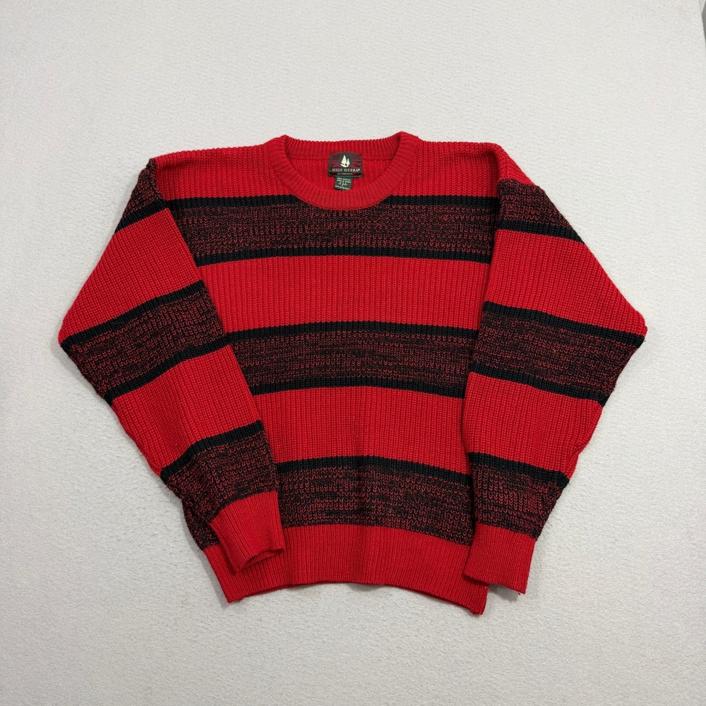 Vintage High Sierra Sweater Large Red Striped Crewneck Acrylic Knit Long Sleeve